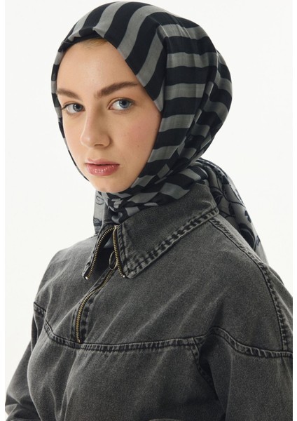 Pamela Çizgili Sarmaşık Desen Siyah Pamuklu Şal