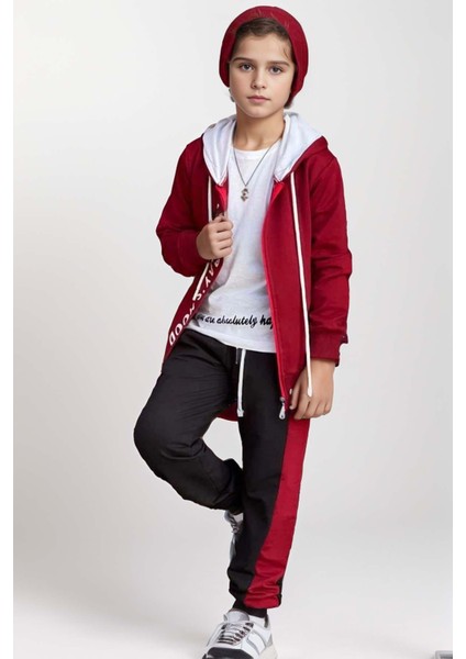 Erkek Çocuk Üzeri Todays Mod Yazı ve Şerit Detaylı Kapüşonlu Bordo Eşofman Takım