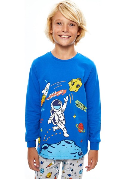 Lcw Kids Bisiklet Yaka Baskılı Uzun Kollu Erkek Çocuk Pijama Takımı