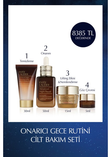 Estee Lauder Onarıcı Gece Rutini Cilt Bakım Seti - Serum 50 ml Temizleyici 30 ml, Power Crème 15 ml, Göz Kremi 5 ml