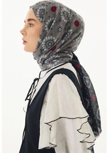 Ember Etnik Desen Siyah - Gri Pamuklu Şal