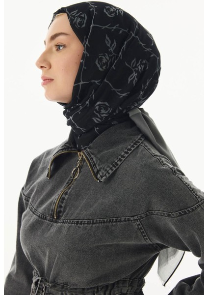 Berry Rose Desen Siyah - Gri Pamuklu Şal