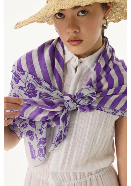 Pamela Çizgili Sarmaşık Desen EflatunPamuklu Şal