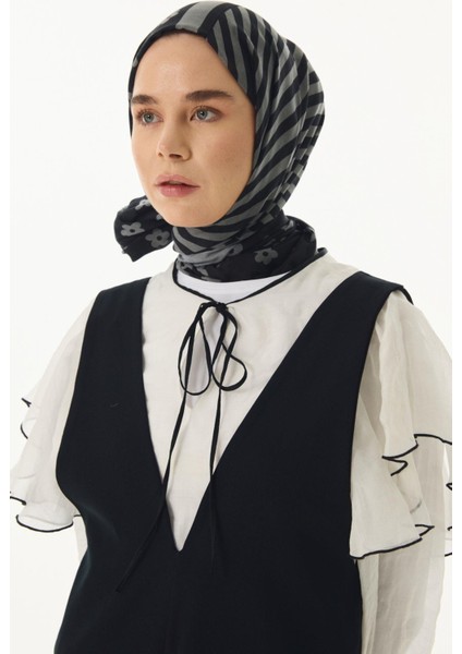 Lenora Çizgili Papatya Desen Siyah-Gri Pamuklu Şal