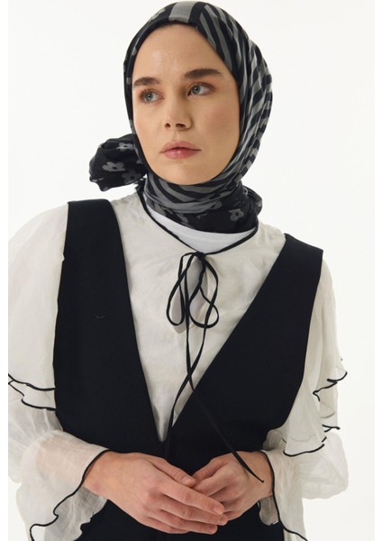 Lenora Çizgili Papatya Desen Siyah-Gri Pamuklu Şal fırsatları