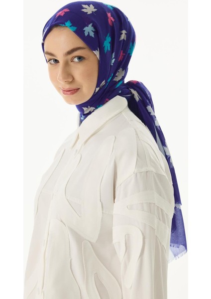 Zeta Yaprak Desen Saks Mavi Pamuklu Şal