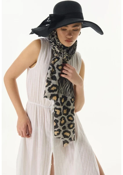 Fenza Scarf Gale Leopar Zebra Desen Bej Pamuklu Şal