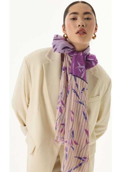 Ivy Çizgi Yaprak Desen Lila Pamuklu Şal