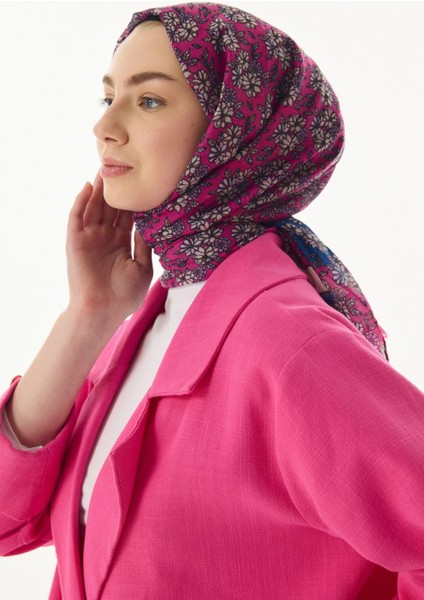 Daisy Çiçek Desen Fuşya Pamuklu Şal