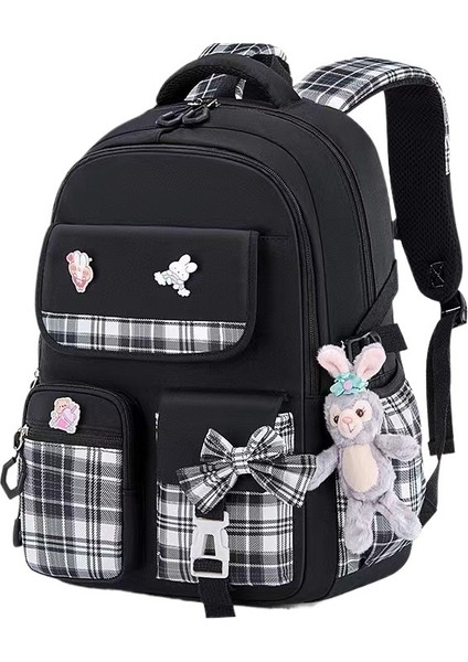1-3-6. Sınıf Ilkokul Öğrencilerine Yönelik Sevimli Kız Fiyonklu Ekose Okul Çantası, Hafif, Nefes Alabilen ve Geniş Omuz Kapasiteli (Yurt Dışından)
