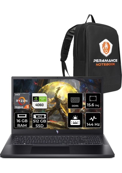 Nitro V 15 Amd Ryzen 5 7535HS 16GB 512GB SSD RTX4060/8GB 15.6" Fhd 144Hz Fdos Taşınabilir Bilgisayar & Per4 Çanta NHQSFEY004P307