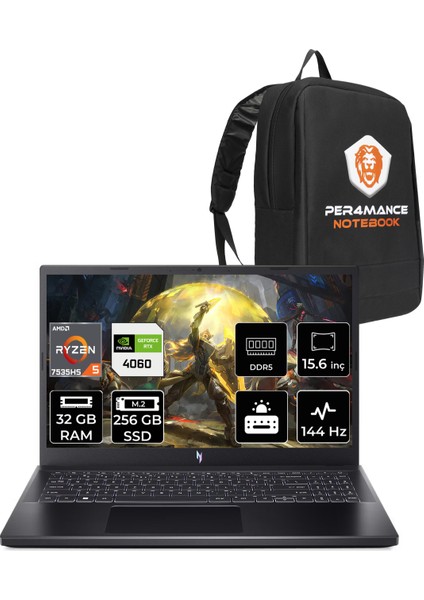 Nitro V 15 Amd Ryzen 5 7535HS 32GB 256GB SSD RTX4060/8GB 15.6" Fhd 144Hz Fdos Taşınabilir Bilgisayar & Per4 Çanta NHQSFEY004P316