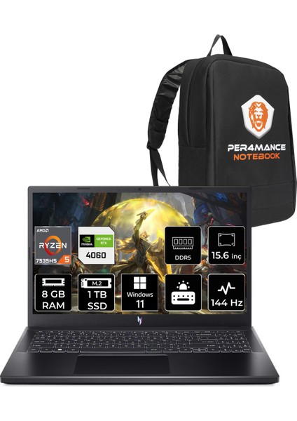 Nitro V 15 Amd Ryzen 5 7535HS 8gb 1tb SSD RTX4060/8GB 15.6" Fhd 144Hz W11H Taşınabilir Bilgisayar & Per4 Çanta NHQSFEY004P343