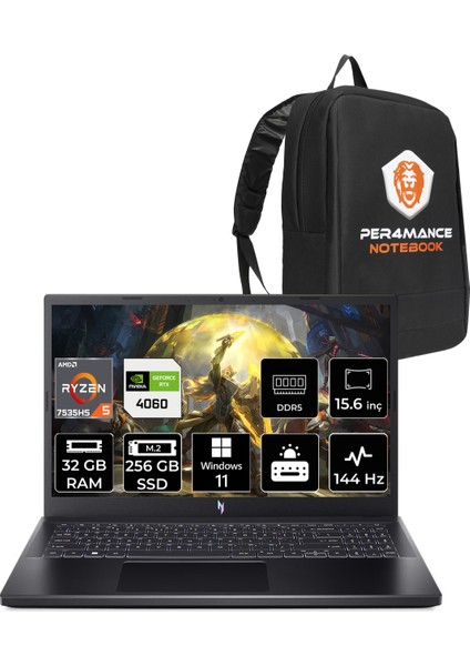 Nitro V 15 Amd Ryzen 5 7535HS 32GB 256GB SSD RTX4060/8GB 15.6" Fhd 144Hz W11P Taşınabilir Bilgisayar & Per4 Çanta NHQSFEY004P396