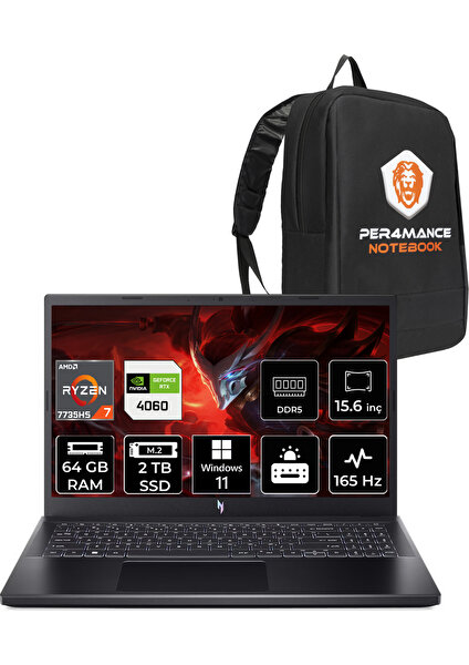 Nitro V 15 Amd Ryzen 7 7735HS 64GB 2tb SSD RTX4060/8GB 15.6" Fhd 165Hz W11P Taşınabilir Bilgisayar & Per4 Çanta NHQSFEY003P414