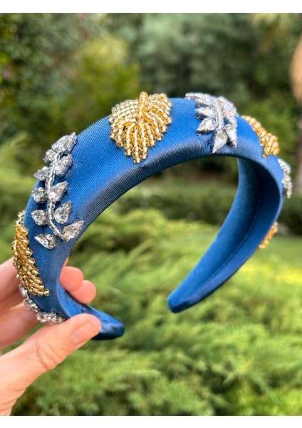 BYM430 Tasarım El Işi Abiye Nişan Kına Mavi Zirkon Taşlı Bombeli Işleme Kadın Saç Aksesuarı Taç