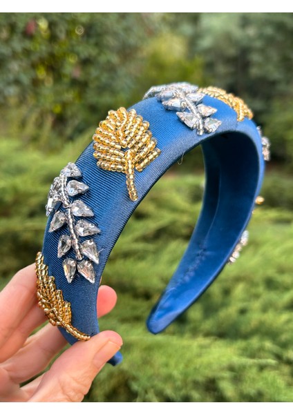 BYM430 Tasarım El Işi Abiye Nişan Kına Mavi Zirkon Taşlı Bombeli Işleme Kadın Saç Aksesuarı Taç modelleri