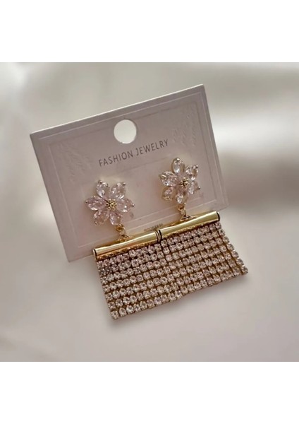 Çiçek Taşlı Saçaklı Lüks Küpe 4 Cm.