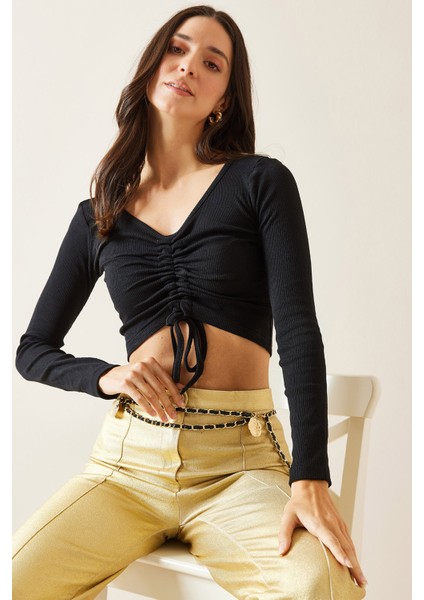 Siyah Önü Büzgülü Crop Bluz 5KXK2-49001-02