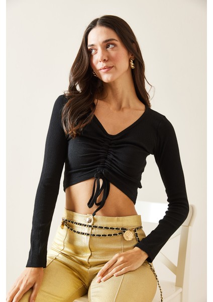 Siyah Önü Büzgülü Crop Bluz 5KXK2-49001-02