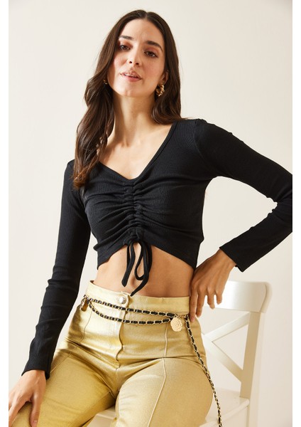 Siyah Önü Büzgülü Crop Bluz 5KXK2-49001-02