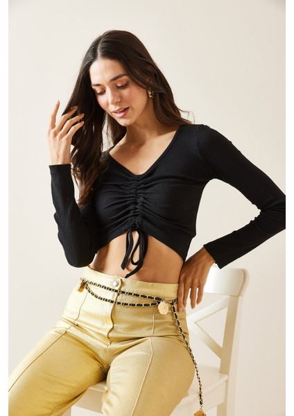 Siyah Önü Büzgülü Crop Bluz 5KXK2-49001-02