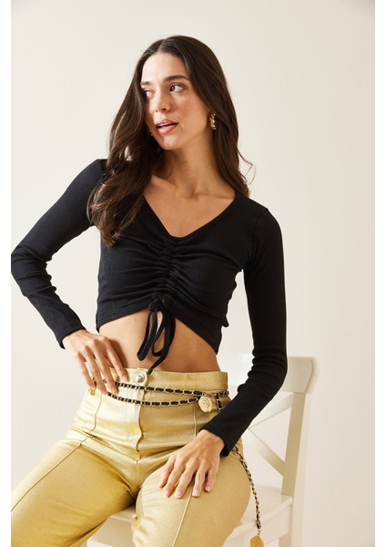 Siyah Önü Büzgülü Crop Bluz 5KXK2-49001-02