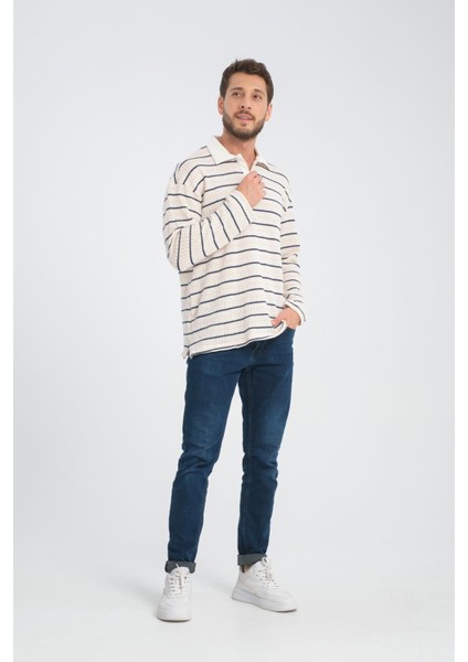 R-5839 Polo Yaka Uzun Kol Çizgili Örme Sweat