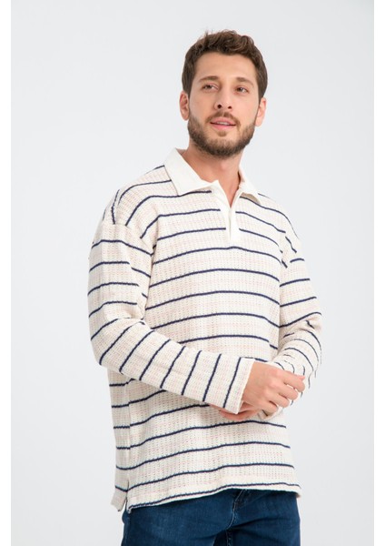 R-5839 Polo Yaka Uzun Kol Çizgili Örme Sweat fiyatları