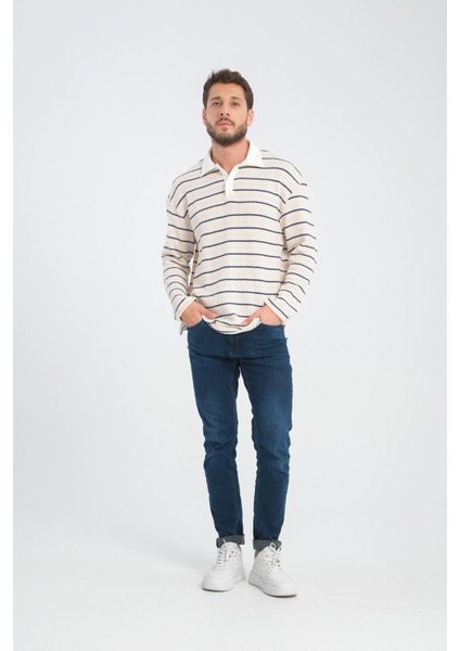 R-5839 Polo Yaka Uzun Kol Çizgili Örme Sweat modelleri
