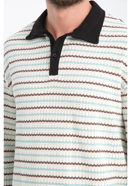 R-5839 Polo Yaka Uzun Kol Çizgili Örme Sweat indirimleri