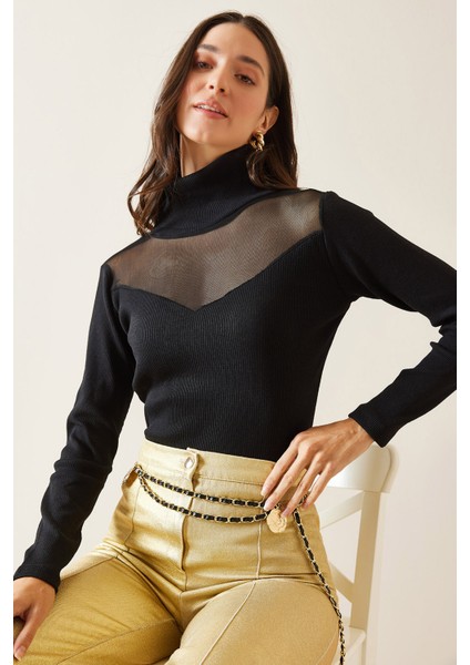 Siyah Göğsü Tüllü Bluz 5KXK2-49024-02