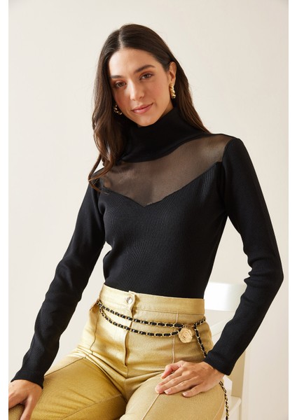 Siyah Göğsü Tüllü Bluz 5KXK2-49024-02 fiyatları