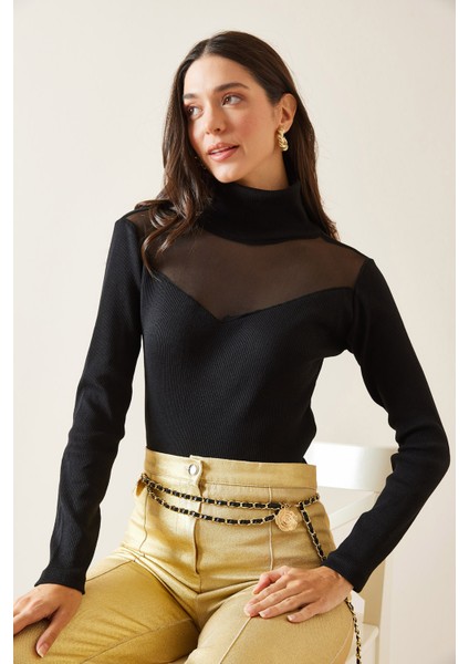 Siyah Göğsü Tüllü Bluz 5KXK2-49024-02 modelleri