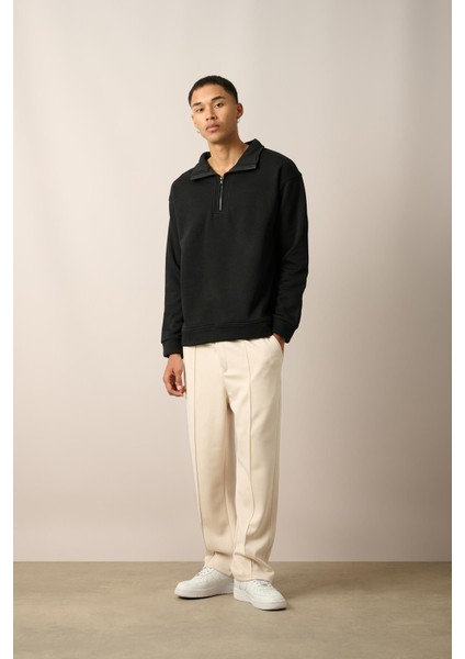 R-5844-1 Yarım Fermuar Garni Detaylı Üç Ip Sweat