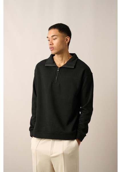 R-5844-1 Yarım Fermuar Garni Detaylı Üç Ip Sweat