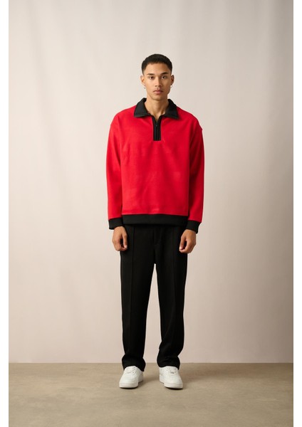 R-5844 Yarım Fermuar Garni Detaylı Kaşe Sweat