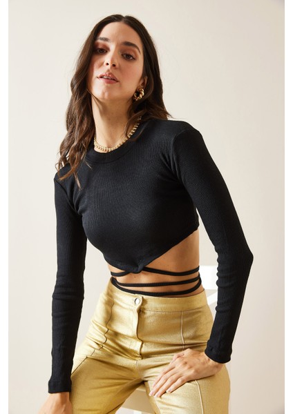 Siyah Biye Detaylı Crop Kaşkorse Bluz 5KXK2-49012-02 fiyatları