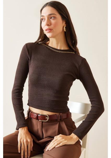 Kahverengi Zincir Detaylı Kaşkorse Crop Bluz 5KXK2-49010-18