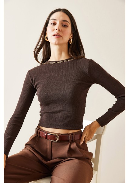 Kahverengi Zincir Detaylı Kaşkorse Crop Bluz 5KXK2-49010-18 fiyatları