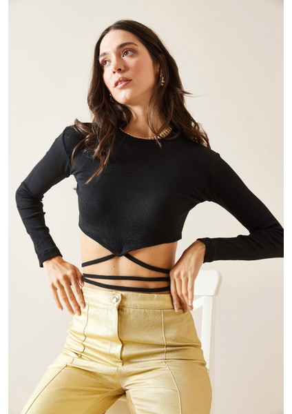 Siyah Biye Detaylı Crop Kaşkorse Bluz 5KXK2-49012-02 fırsatları