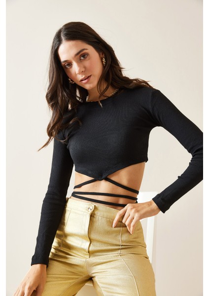 Siyah Biye Detaylı Crop Kaşkorse Bluz 5KXK2-49012-02 indirimleri