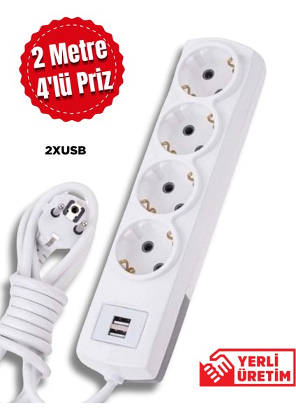 4lü Priz 2 USB Girişli 2m Uzatma Kablosu