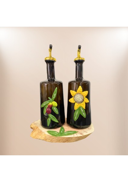 Pitrakstore Zeytinyağı-Ayçiçek Yağı 500ML 2'li Yağdanlık Set Ağaç Stand (Hediye)