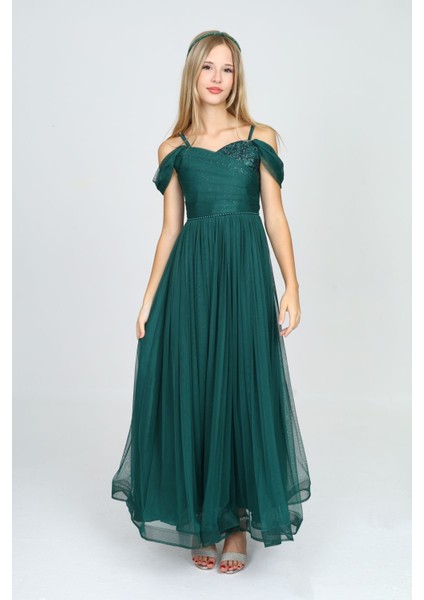 Kız Çocuk Sim ve Payet Detaylı Uzun Zümrüt Yeşil Abiye ELBISE-ABY-2013 fiyatları