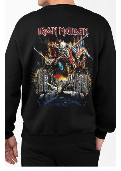 Unisex Iron Maiden Sırt Baskılı Kapüşonsuz Sweatshirt, Oversize Rock Metal Baskılı Sweat