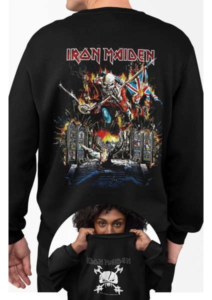 Unisex Iron Maiden Sırt Baskılı Kapüşonsuz Sweatshirt, Oversize Rock Metal Baskılı Sweat