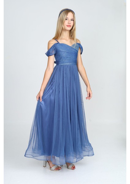 Kız Çocuk Sim ve Payet Detaylı Uzun Indigo Mavi Abiye ELBISE-ABY-2013 fiyatları