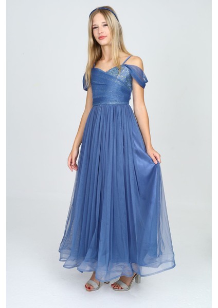 Kız Çocuk Sim ve Payet Detaylı Uzun Indigo Mavi Abiye ELBISE-ABY-2013 indirimleri