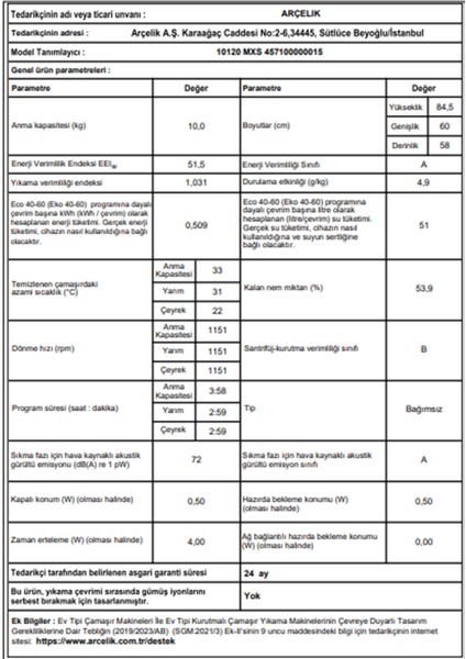 10120 Mxs A Enerji Sınıfı 1200 Devir 10 kg Çamaşır Makinesi